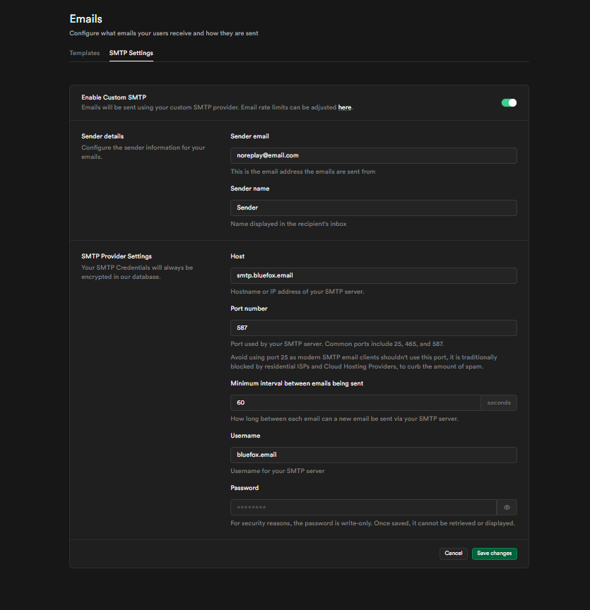 A screenshot of a supabase smtp settings.