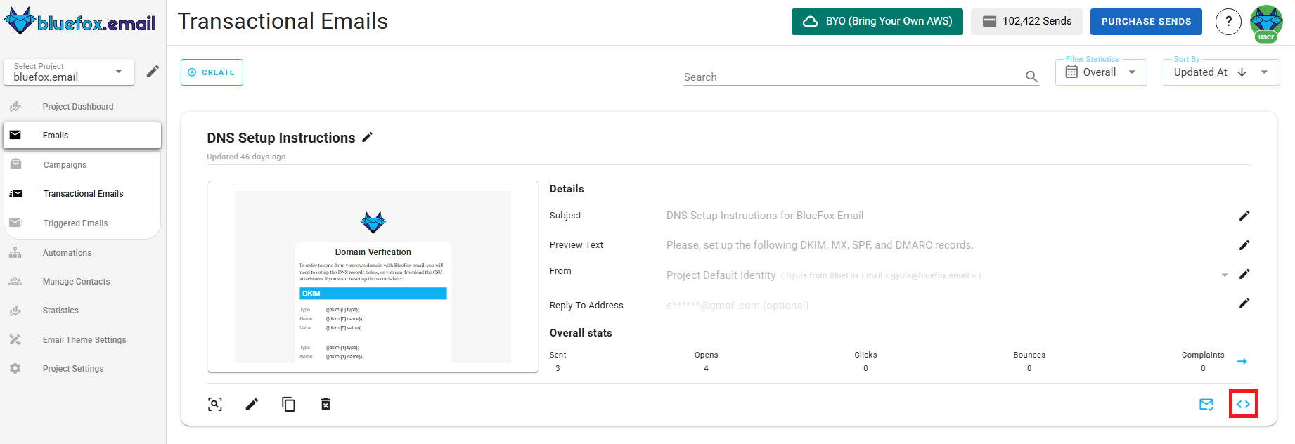 Screenshot of the highlighted code guide button on a transactional email card.