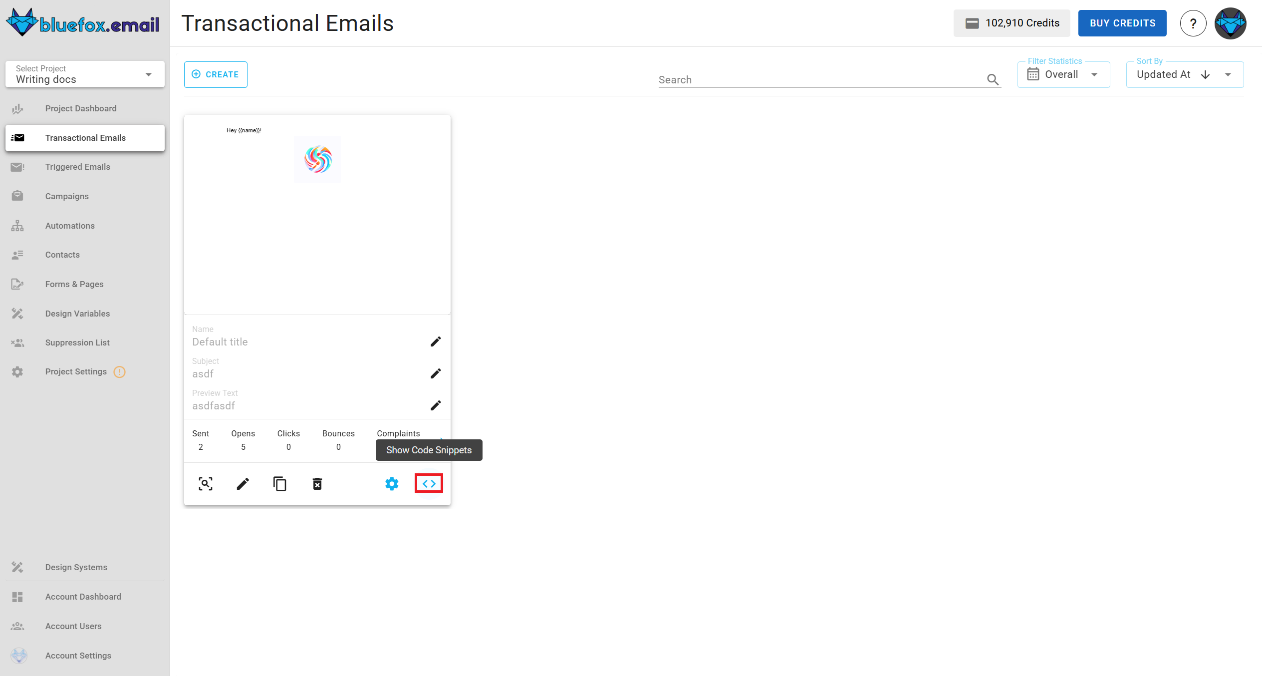 Screenshot of the highlighted code guide button on a transactional email card.