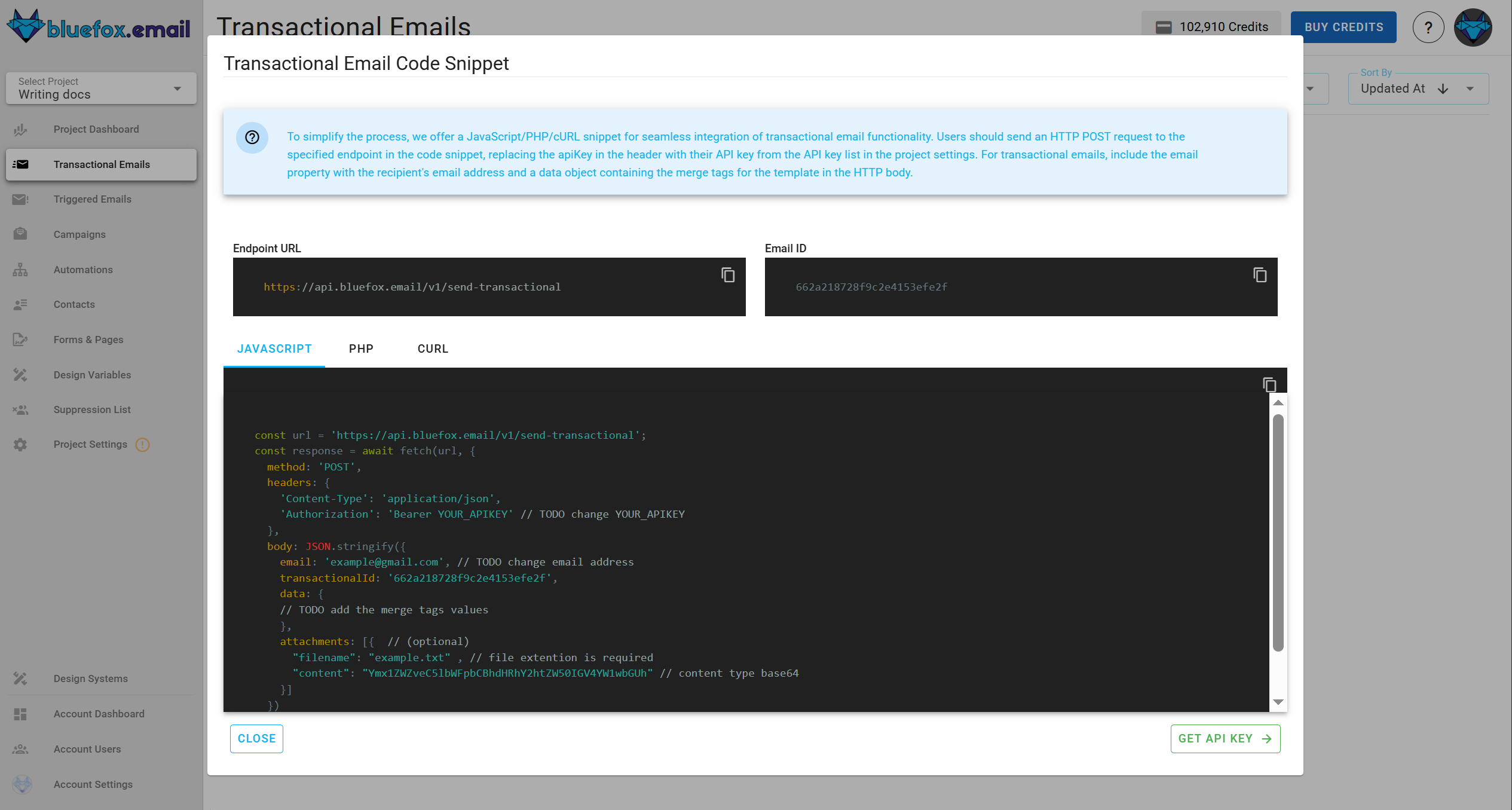 Screenshot of a code guide dialog for a transactional email