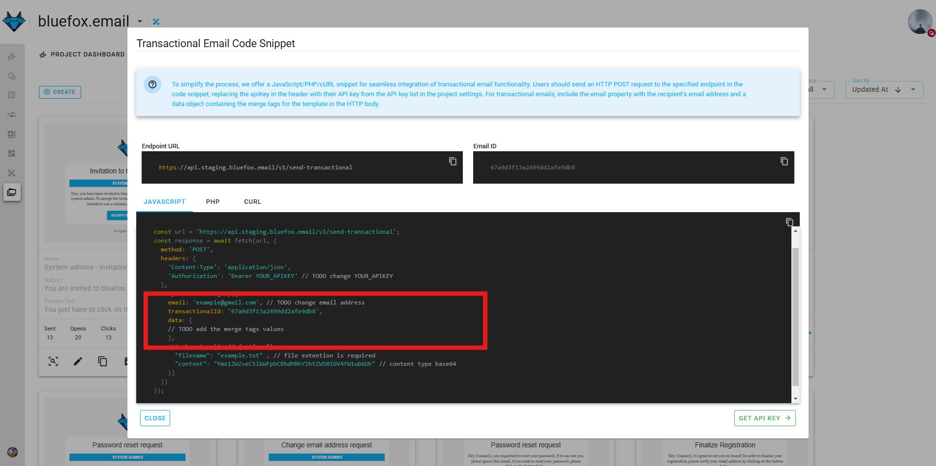 A screenshot of a bluefox.email code guide json body.