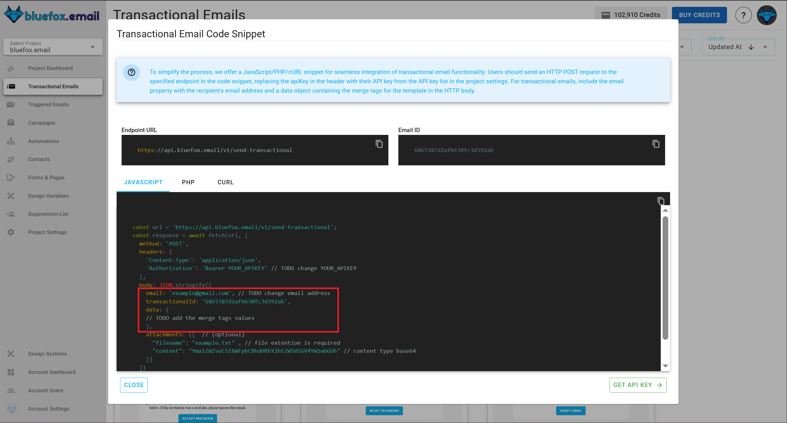 A screenshot of a bluefox.email code guide json body.