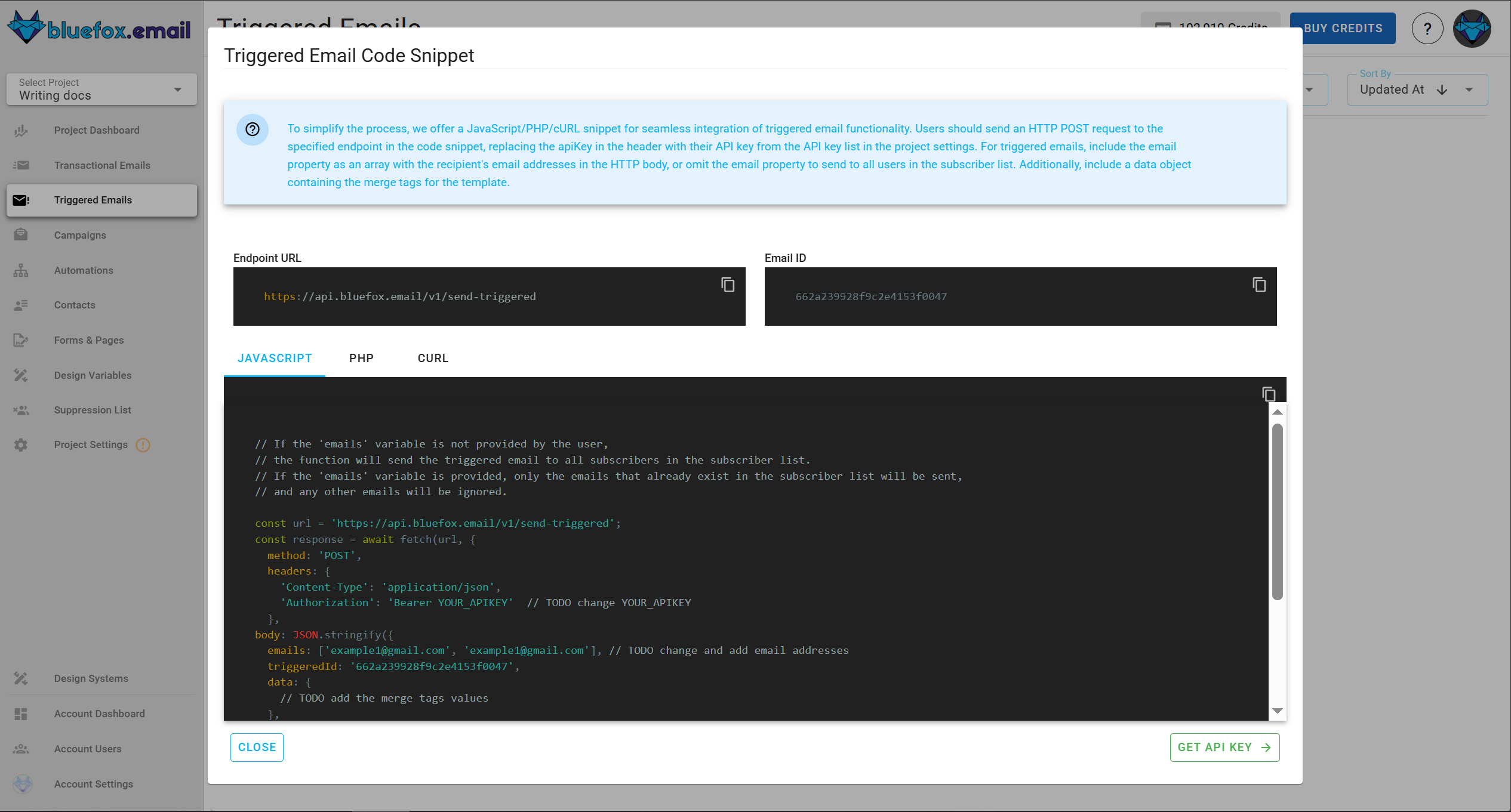 Screenshot of a code guide dialog for a triggered email