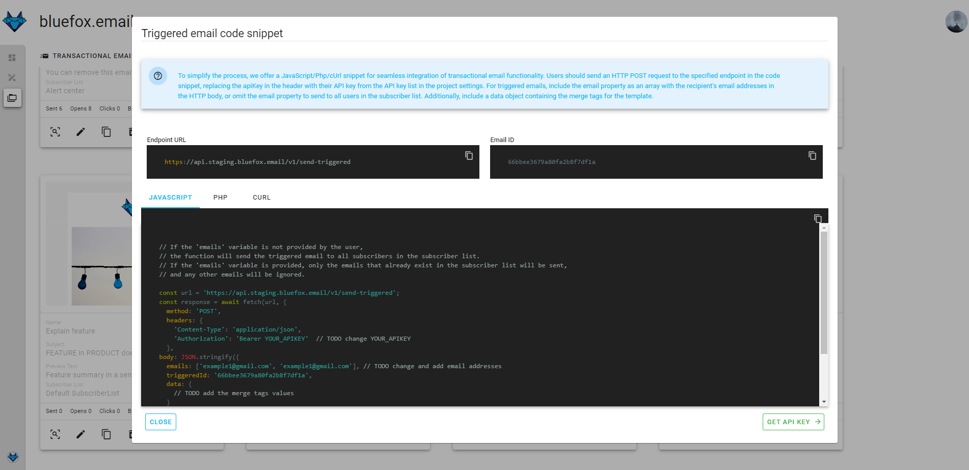 Screenshot of a code guide dialog for a triggered email