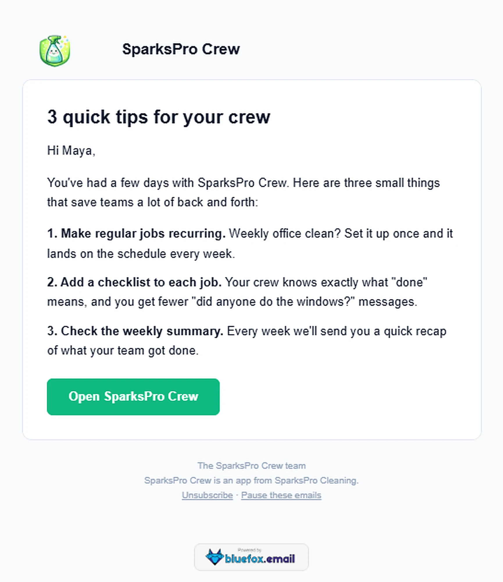 The third welcome email, "3 quick tips for your crew," with three numbered tips.