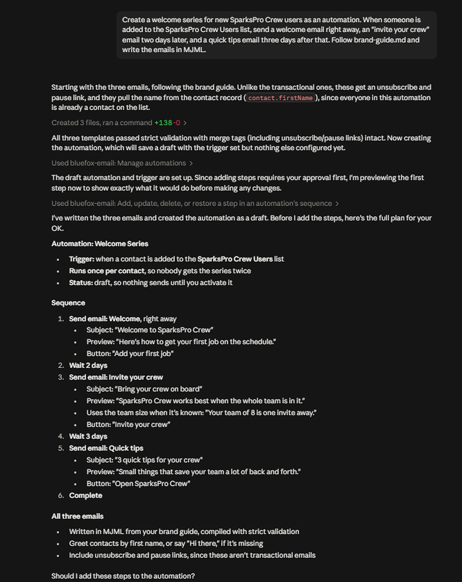 The AI agent showing the full plan for the welcome series automation and asking for approval before adding the steps.