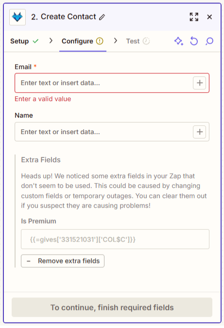 screenshot of bluefox email add contact action in zapier