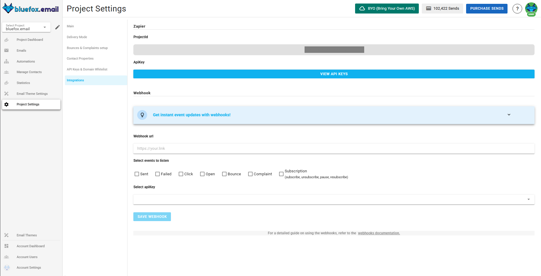 screenshot of bluefox email api key in project settings