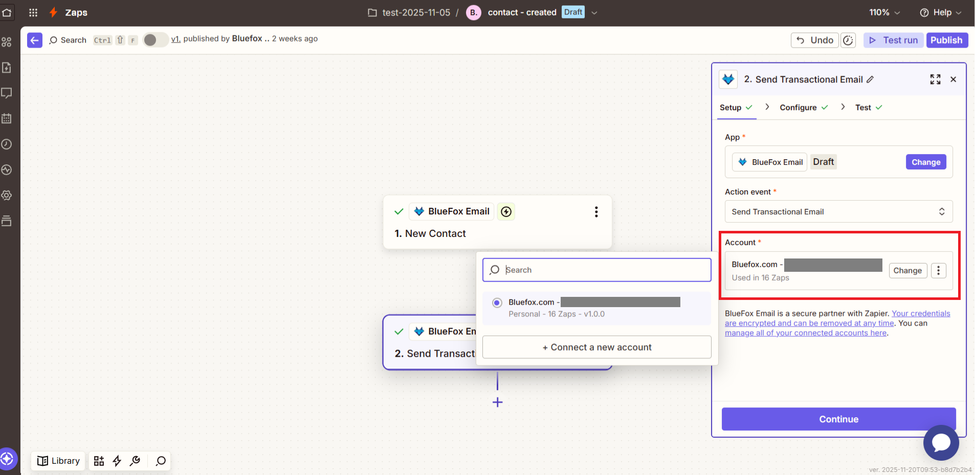 screenshot of connecting bluefox email account in zapier