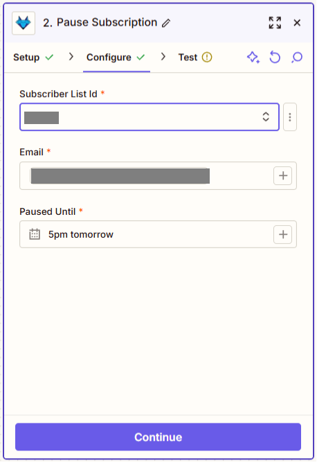 screenshot of bluefox email pause subscription action in zapier