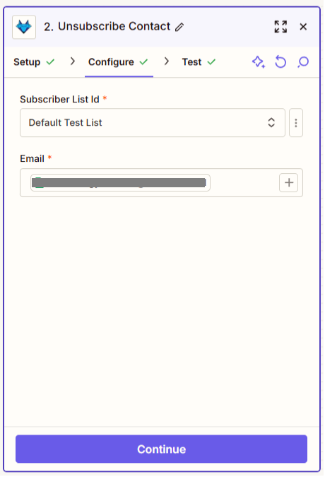 screenshot of bluefox email subscribe contact to list action in zapier