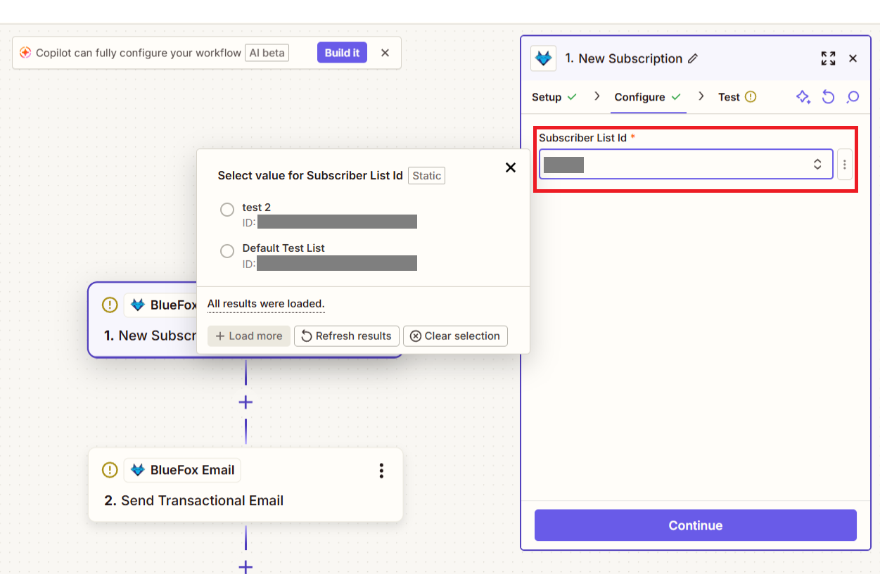 screenshot of bluefox email subscription list selection in zapier
